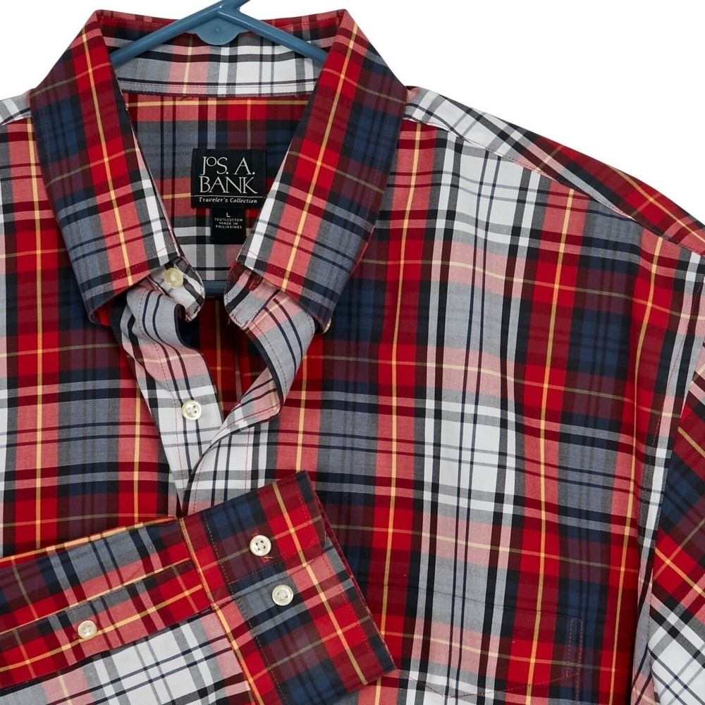 Jos. A. Bank Button Down Mens Large Red Plaid Traveler's Collection Cotton Shirt